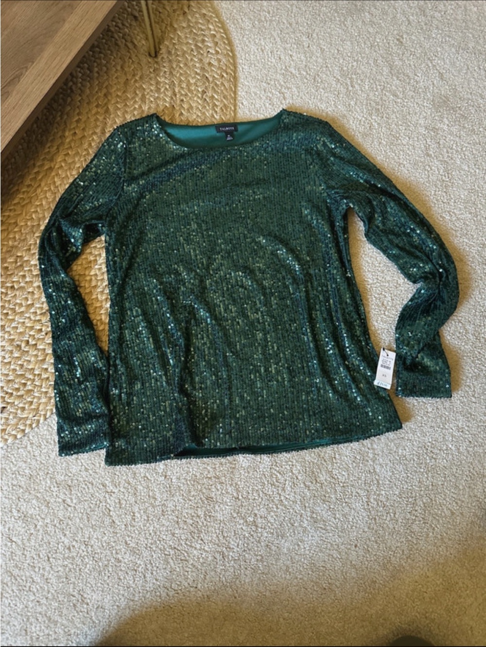 Talbots Emerald Green Sequin Long-Sleeve Scoop Neck Top